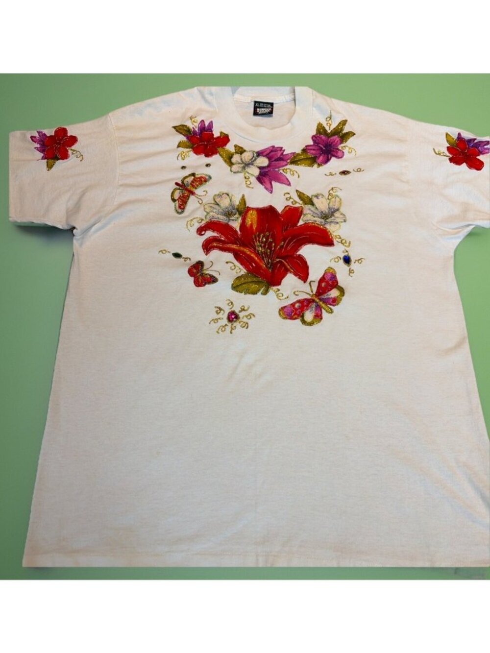 Vintage 90s Women's Hand Painted Floral Tee Shirt Size XL Single Stitch USA OOAK